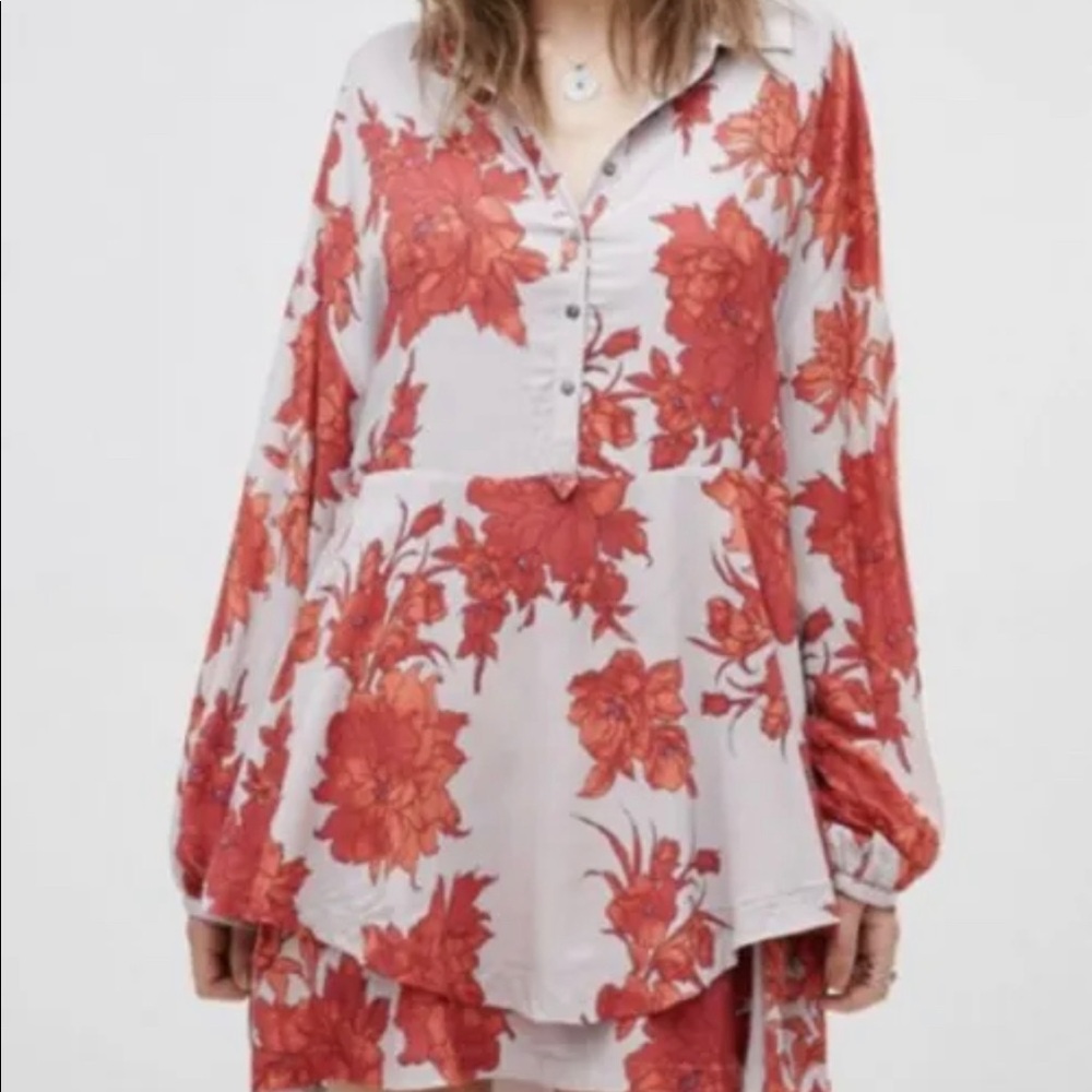 Free People Shake It Mini Dress Gray & Red Floral Long Sleeve Small Oversized - Picture 4 of 6